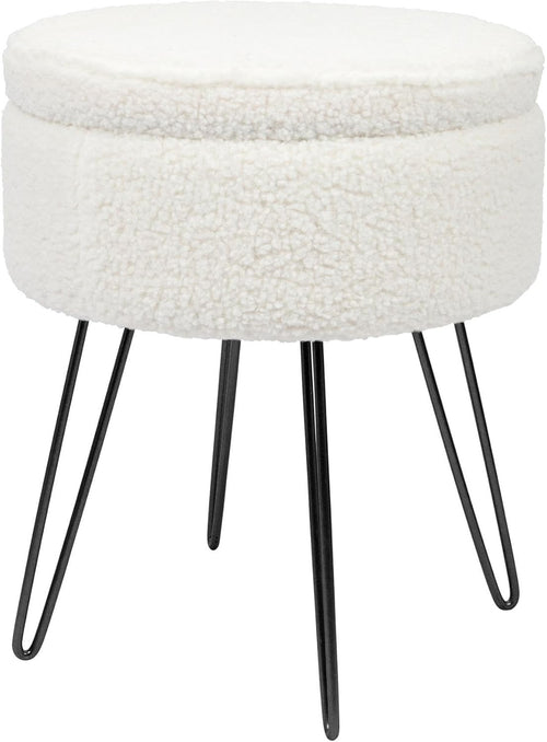 Cream Bouclé Round Footstool with Storage & Black Hairpin Legs – Modern Vanity