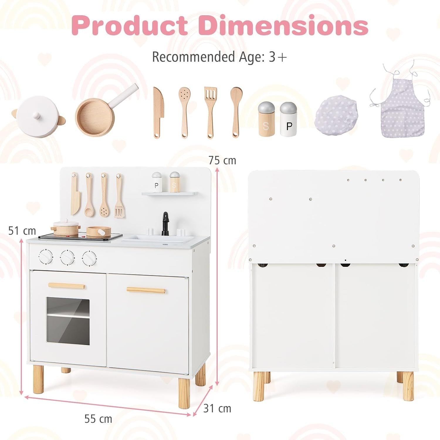 Wooden Kids Play Kitchen White Lights Sounds Oven Chef Toy Set