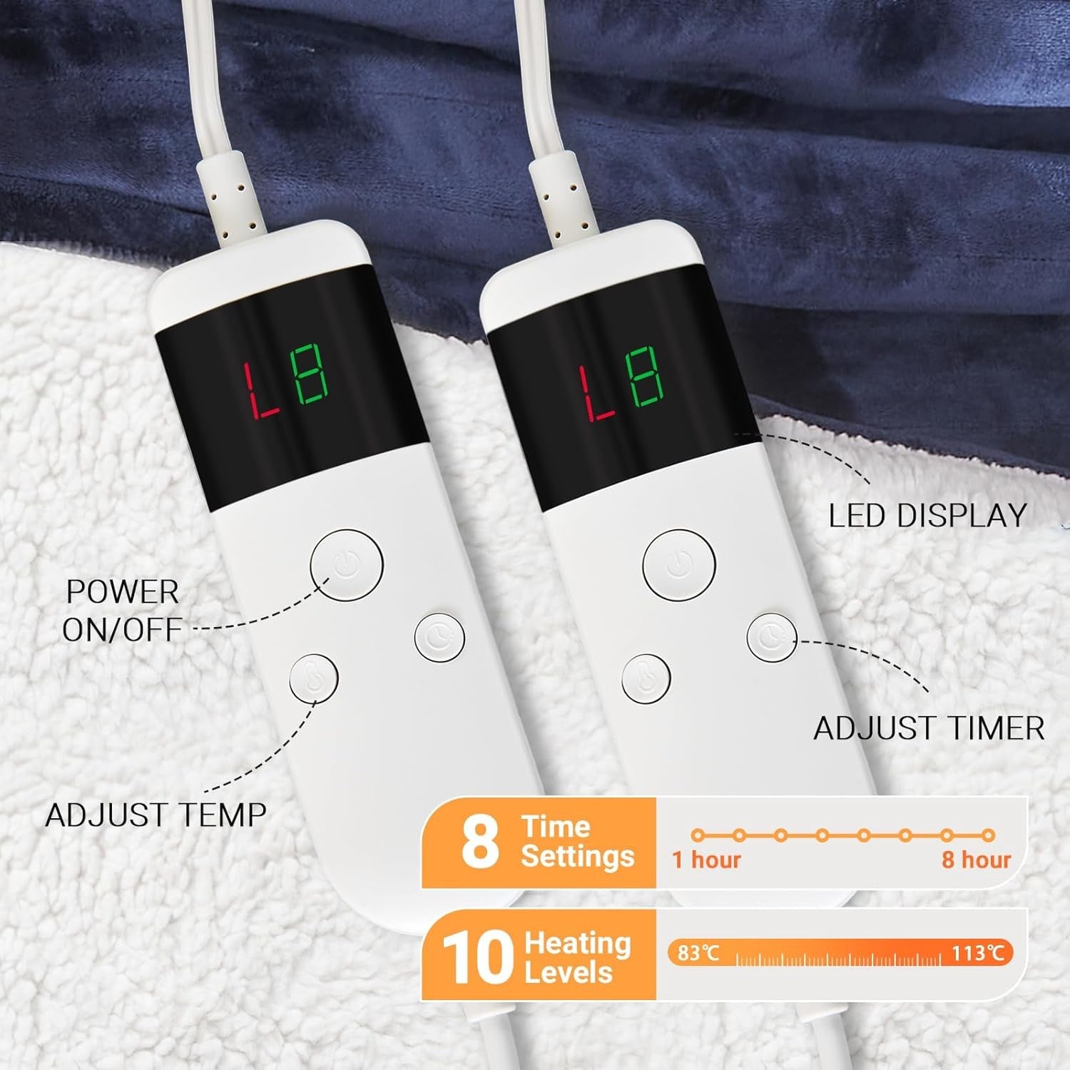 Electric Heated Blanket 130x160cm Sherpa Fleece 10 Heat Settings Timer