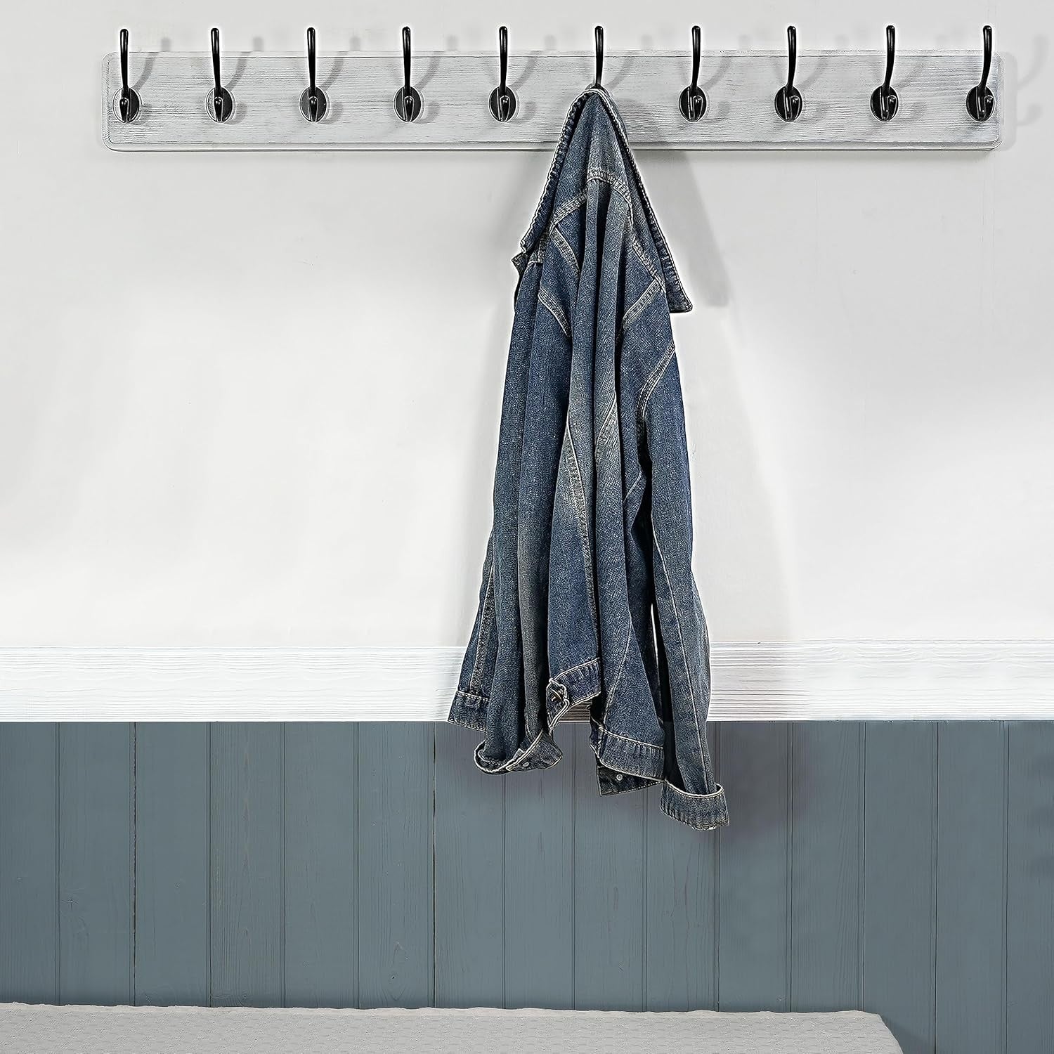 Wall Mounted Coat Rack 10 Hooks | 98cm Wooden Hanging Hook Rail Black/White