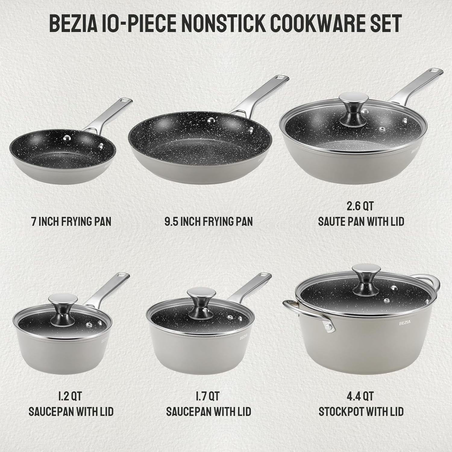 10Pcs Grey Non Stick Induction Cookware Set with Frying Pans & Glass Lids