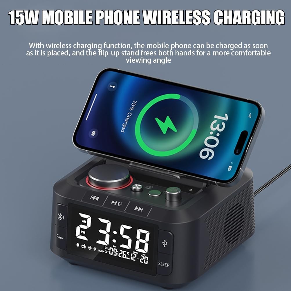 Wireless Charging Alarm Clock Radio 15W Fast Charge LED Night Light Speaker