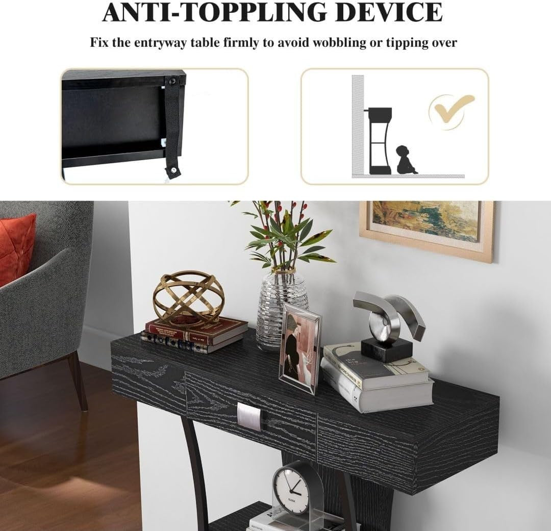 Black T-Shaped Console Table with Drawer & Shelves – Slim Hallway Storage