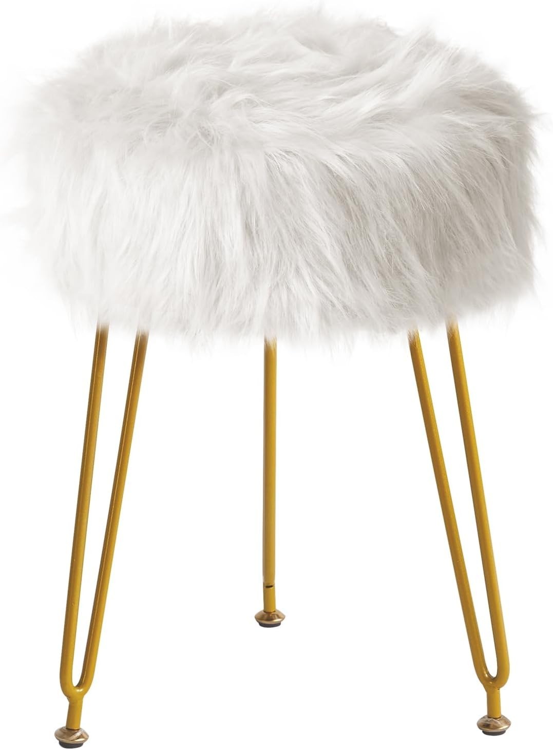 White Faux Fur Vanity Stool with Storage – Round Makeup Ottoman with Metal Legs