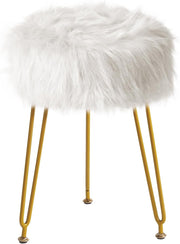 White Faux Fur Vanity Stool with Storage – Round Makeup Ottoman with Metal Legs