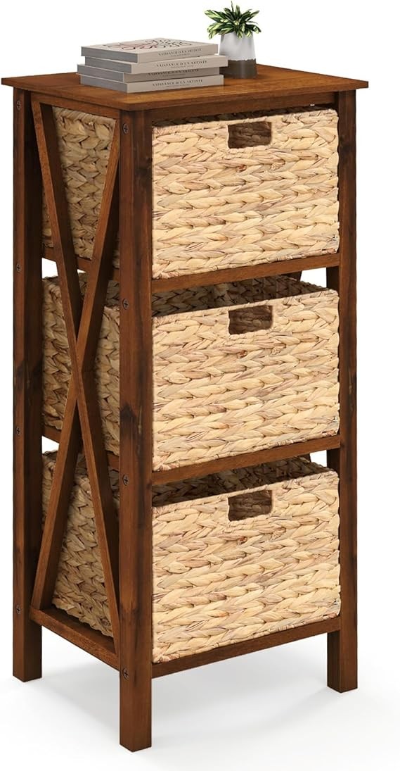 Tall Wooden Bedside Table with 3 Seagrass Baskets | Slim Rustic 3-Tier