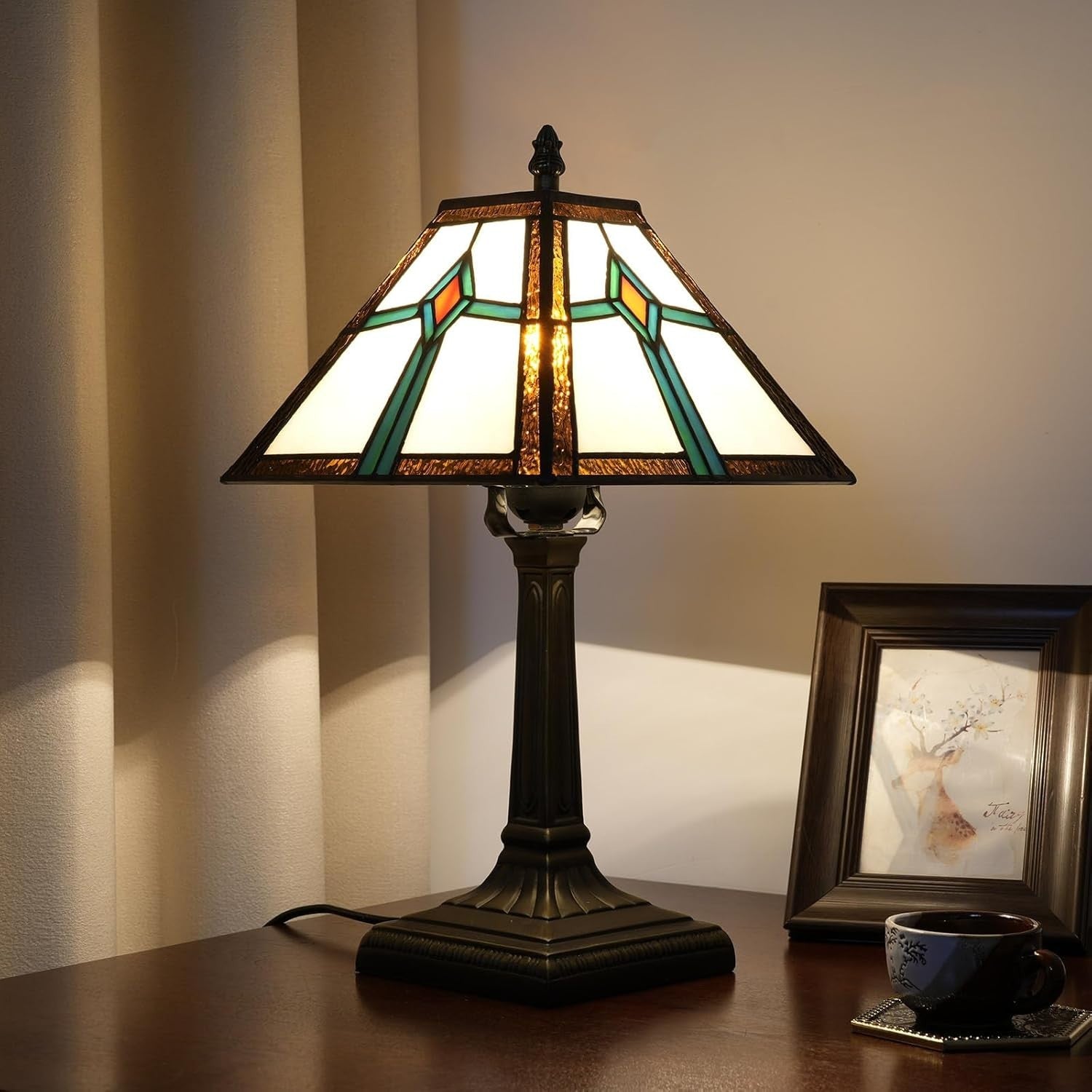 Tiffany Style Table Lamp Vintage Stained Glass Bedside Light w/ LED