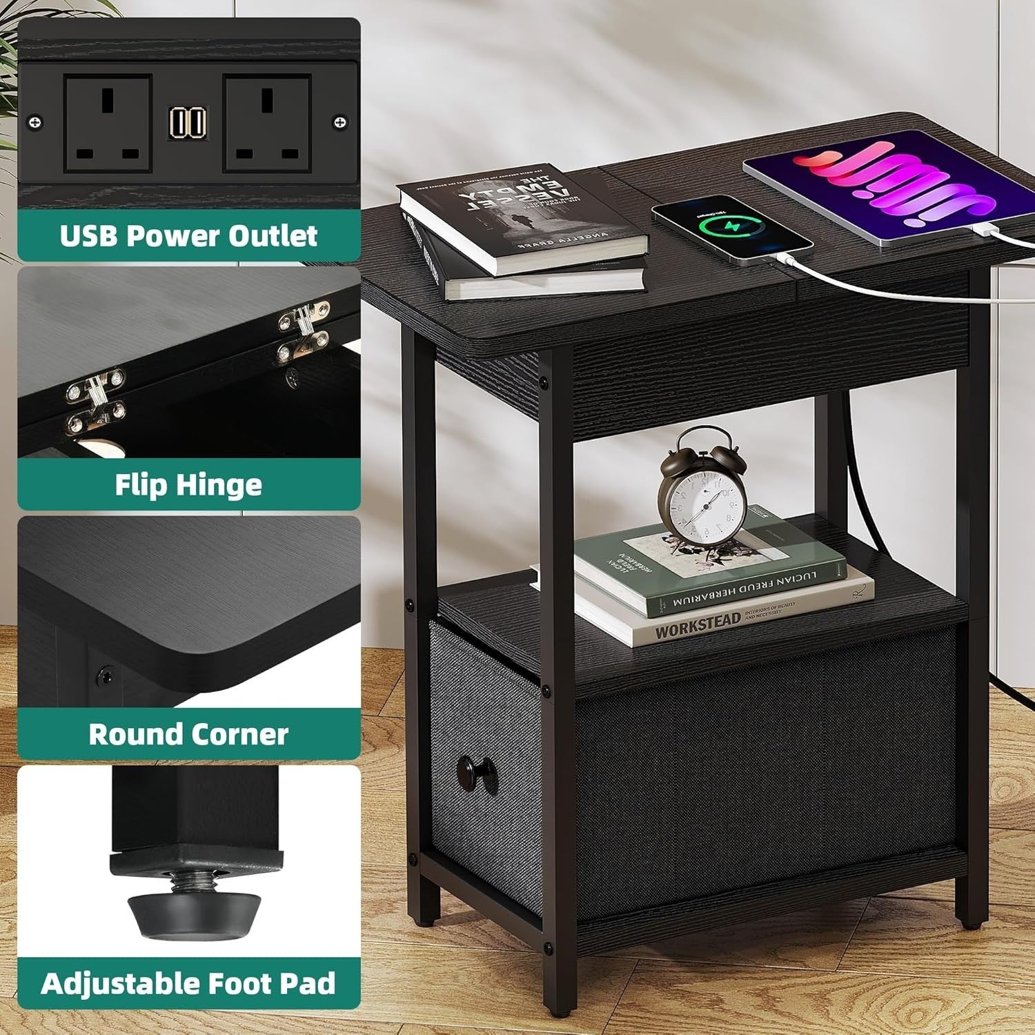 Set of 2 Black LED Bedside Tables with USB Charging | Slim Modern Nightstands