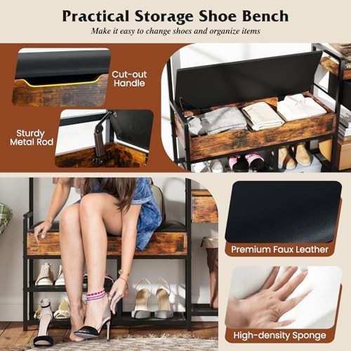 Freestanding Hall Tree Coat Rack with Shoe Storage Bench & Side Table