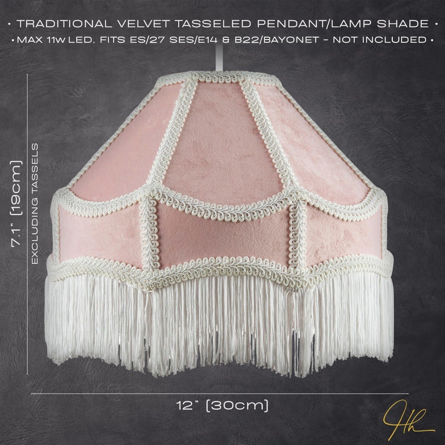Victorian Empire Velvet Lampshade Blush Pink Tassel Pendant 30cm