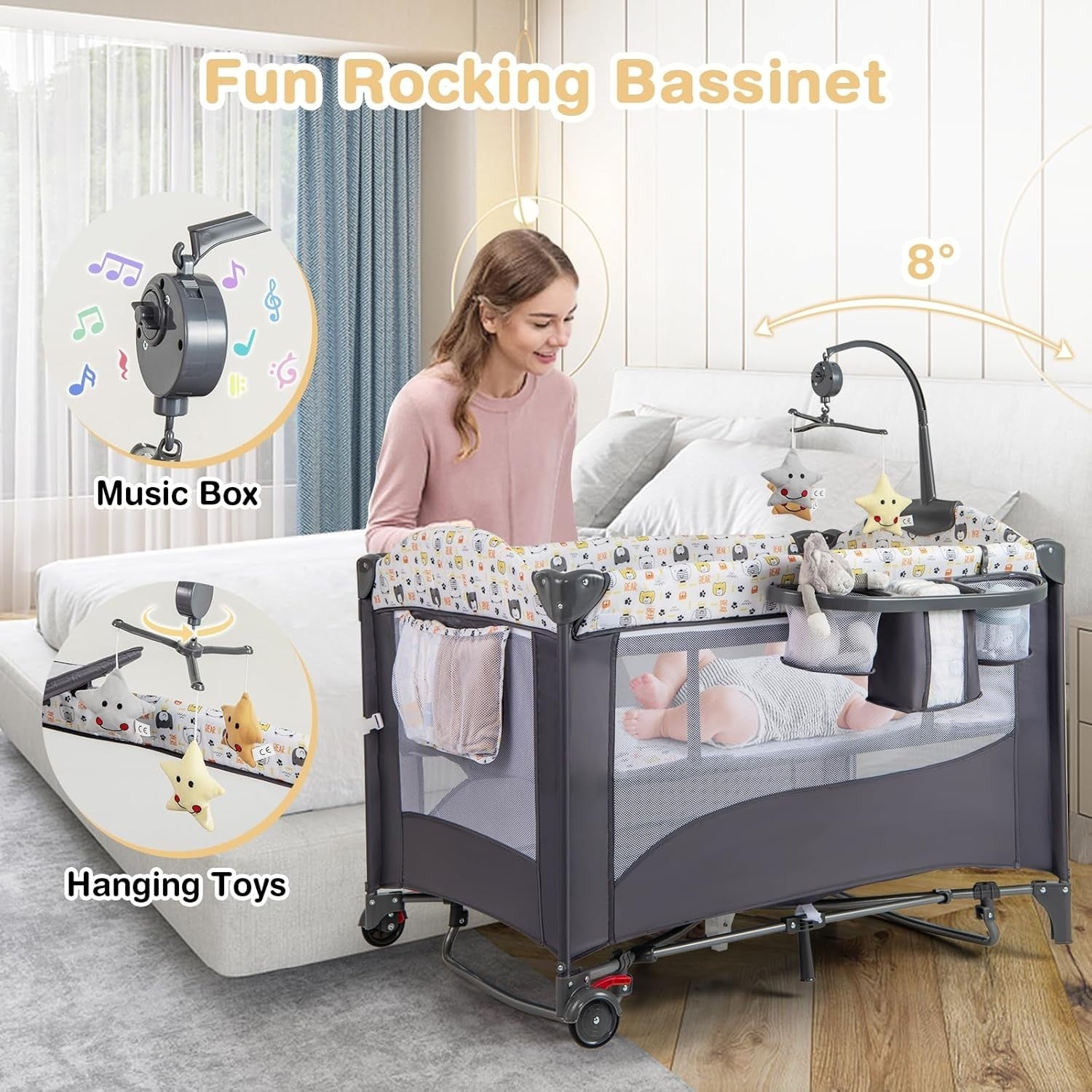 5in1 Travel Cot Baby Bedside Foldable Crib Bassinet Portable Playard White Grey