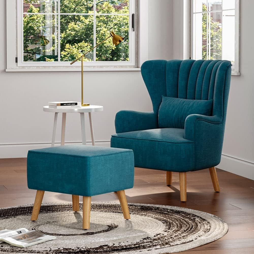 Teal Linen Wingback Tub Chair with Footstool, Wooden Legs, Lounge Sofa