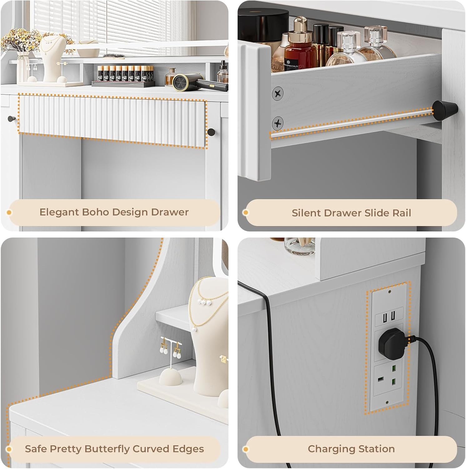 Large White Vanity Dressing Table Mirror LED Lights Storage Power Strip USB