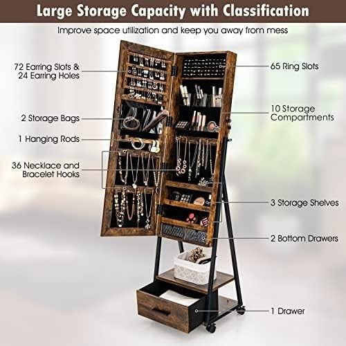 Floor Standing Jewelry Armoire Mirror Lockable Storage Drawer Wheels