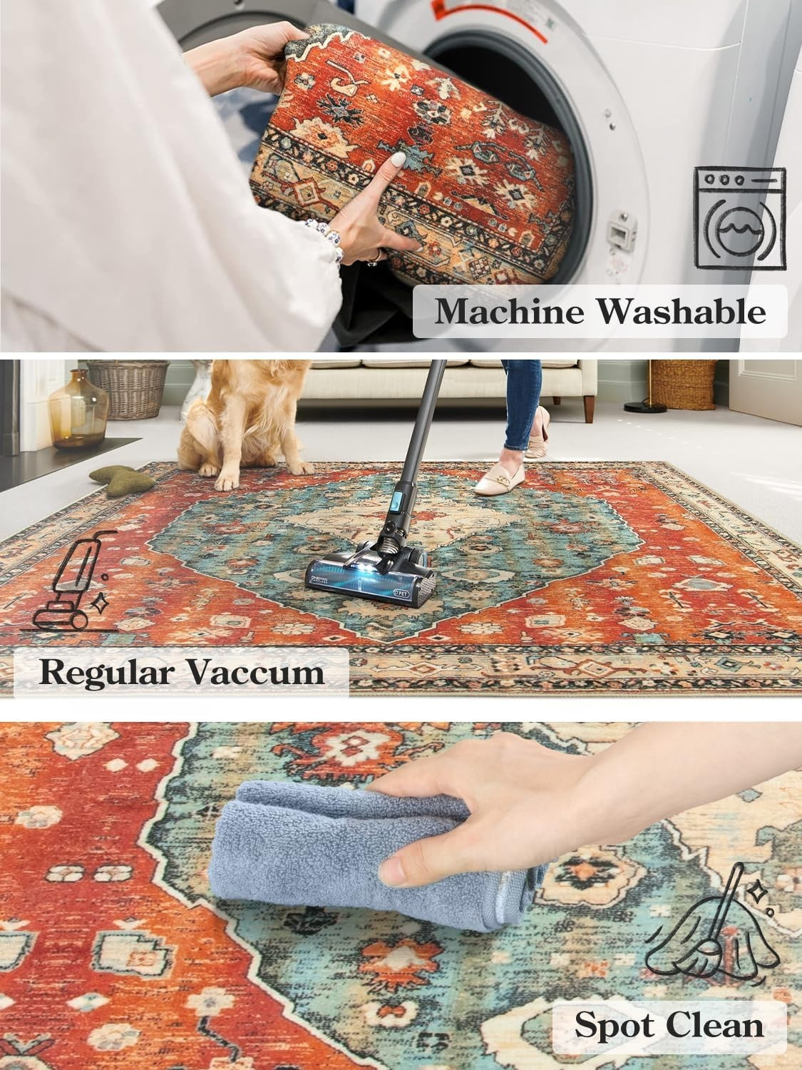 Vintage Boho Area Rug 150x210cm Washable Non Slip Short Pile Living Room