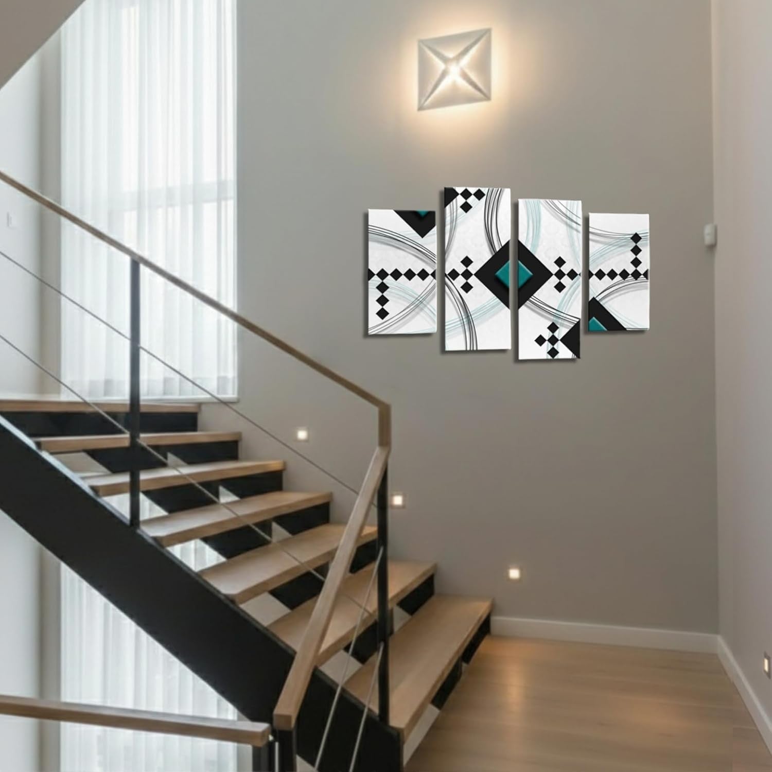 Teal Black White Abstract Wall Art 4 Panel Framed Canvas Set