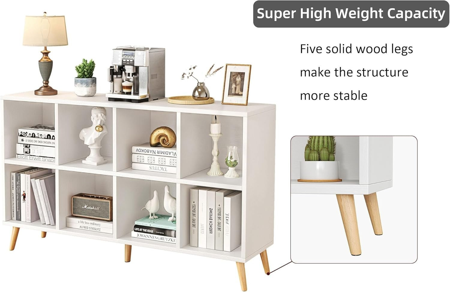 8 Cube Modern Bookcase with Legs White Wooden Storage Shelf 120cm