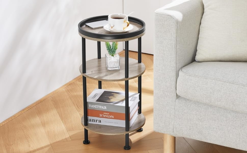 3 Tier Round Side Table with Storage Shelf Metal Frame Small Space Oak 30x55