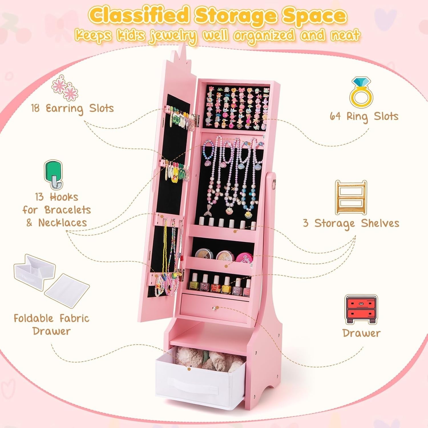 Kids Jewelry Armoire Mirror Storage Cabinet Adjustable Dress Up Organizer