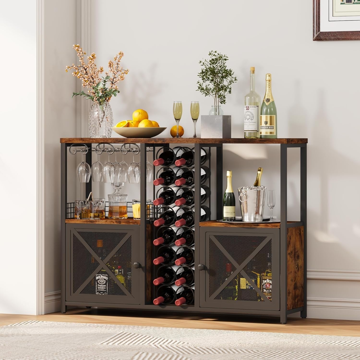 Rustic Home Bar Cabinet with Wine Rack, Glass Holder & Storage Shelves Sideboard