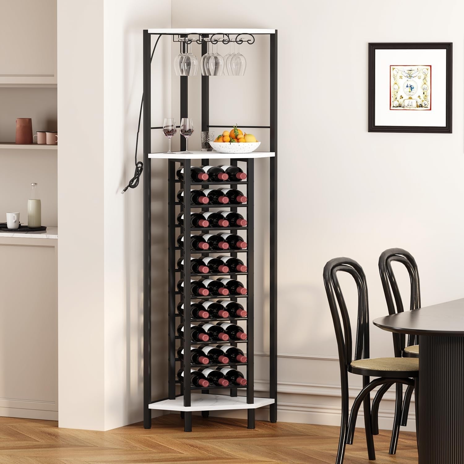 Corner Wine Bar Cabinet with LED Light, Glass Holder & 20 Bottle Storage Rack