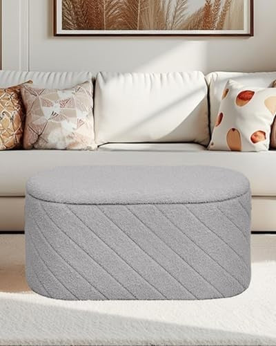 Grey Oval Storage Ottoman Bench 3-in-1 Footrest Seat with Hidden Storage