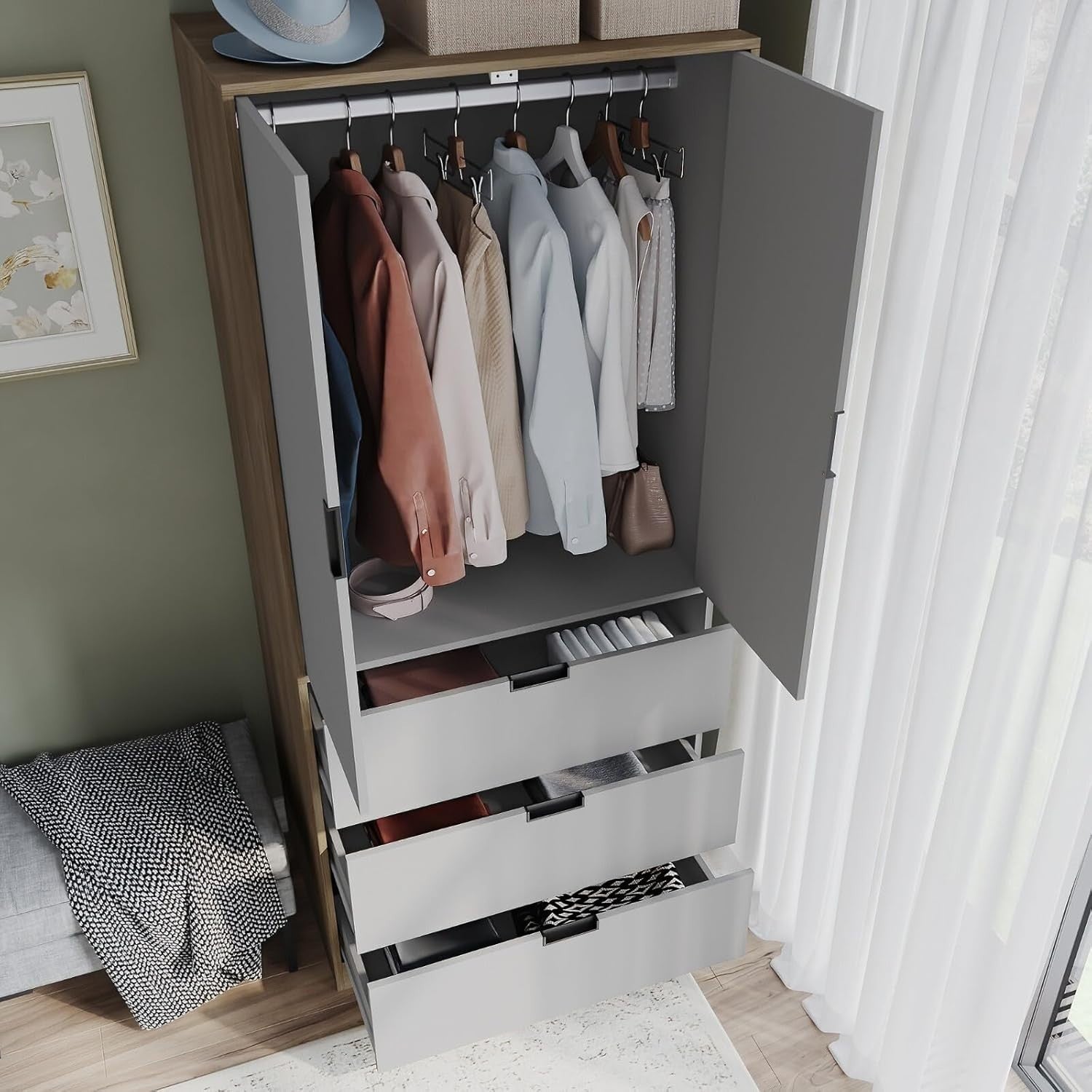 Grey 2 Door Wardrobe with 3 Drawers & Rail | Oak Effect 180cm Storage