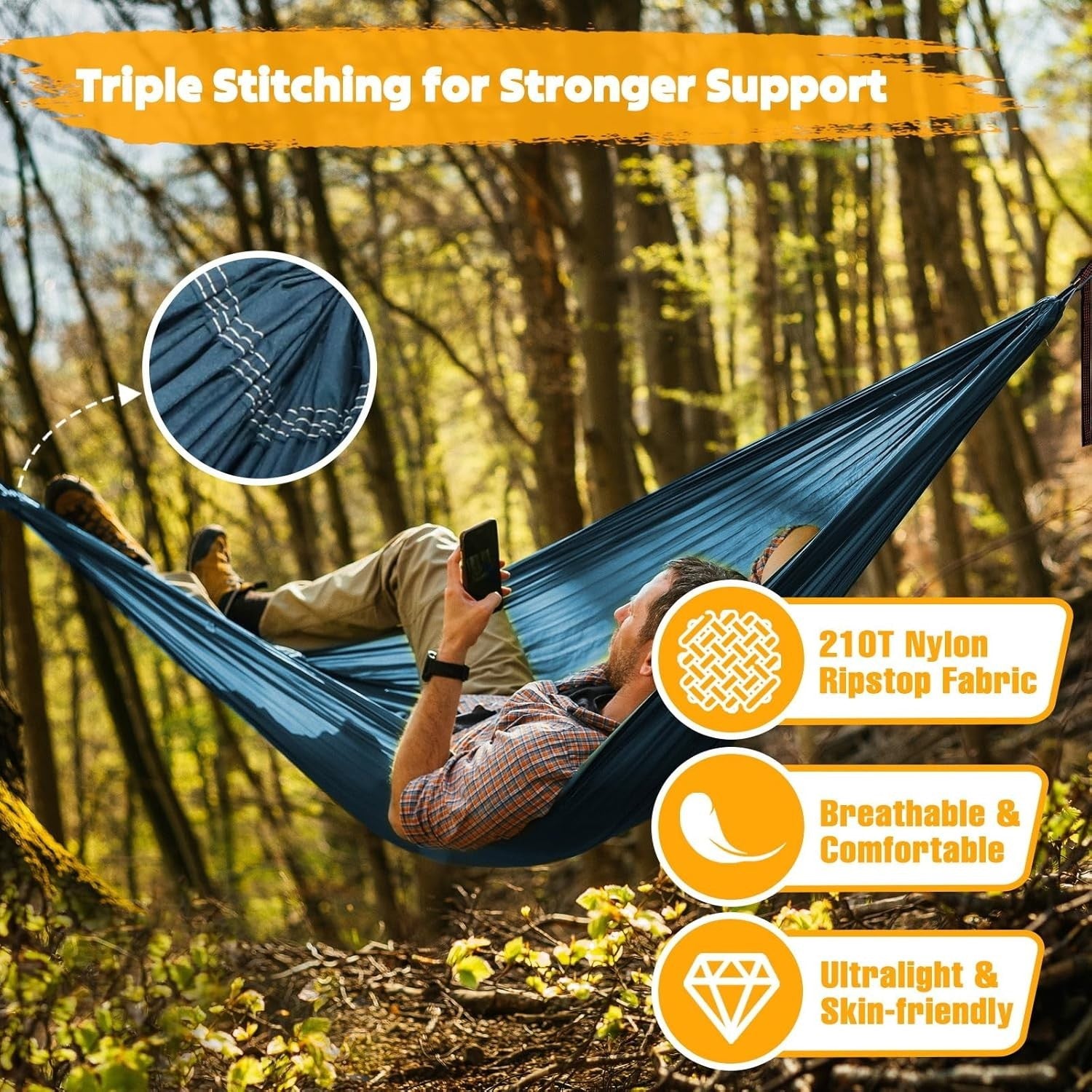 Ultra-Light Travel Camping Hammock, 300kg Load, Quick-Dry Nylon, 2 Carabiners