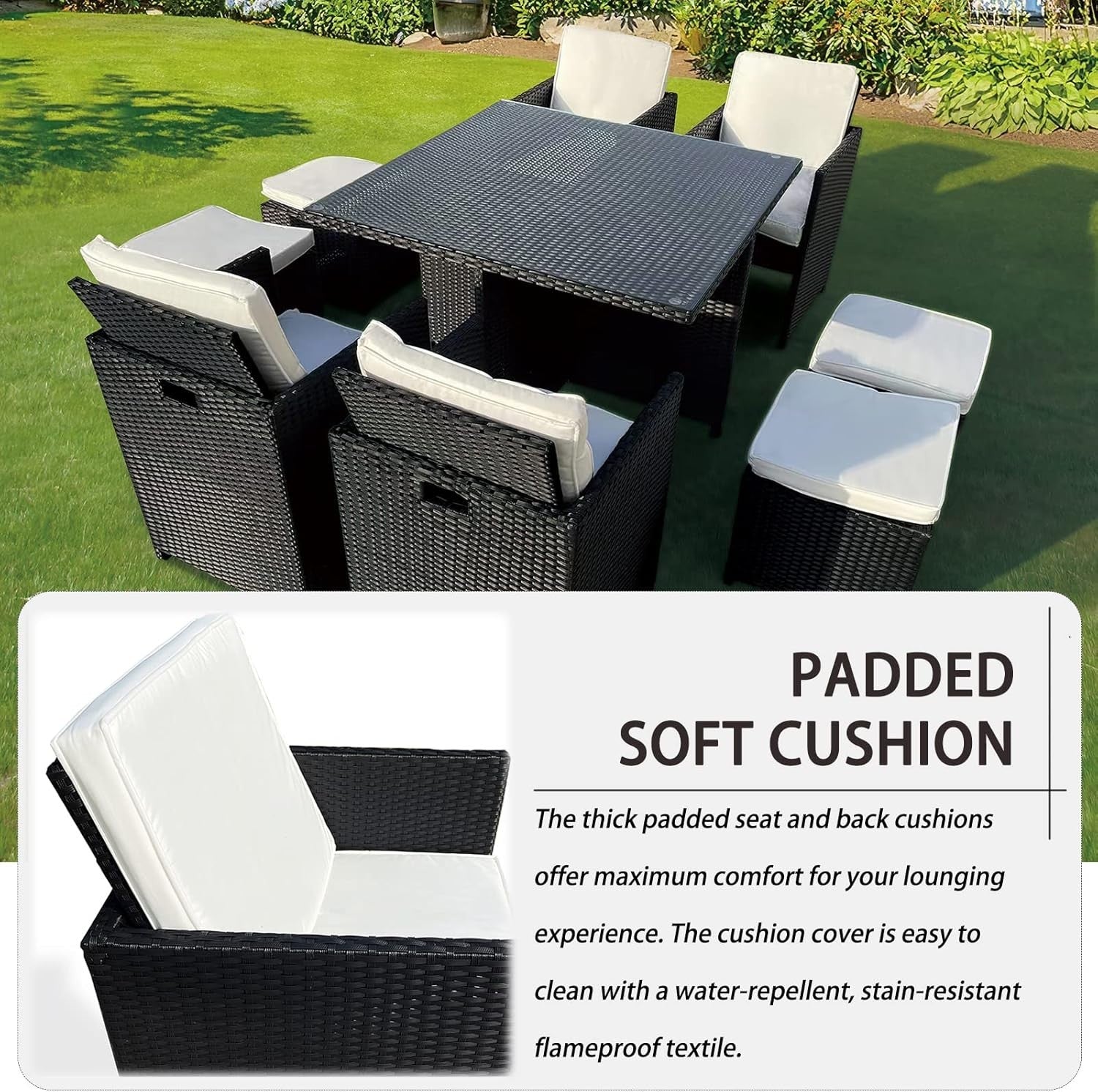 Rattan Garden Dining Set 8 Seater Outdoor Cube Table Chairs Cushions