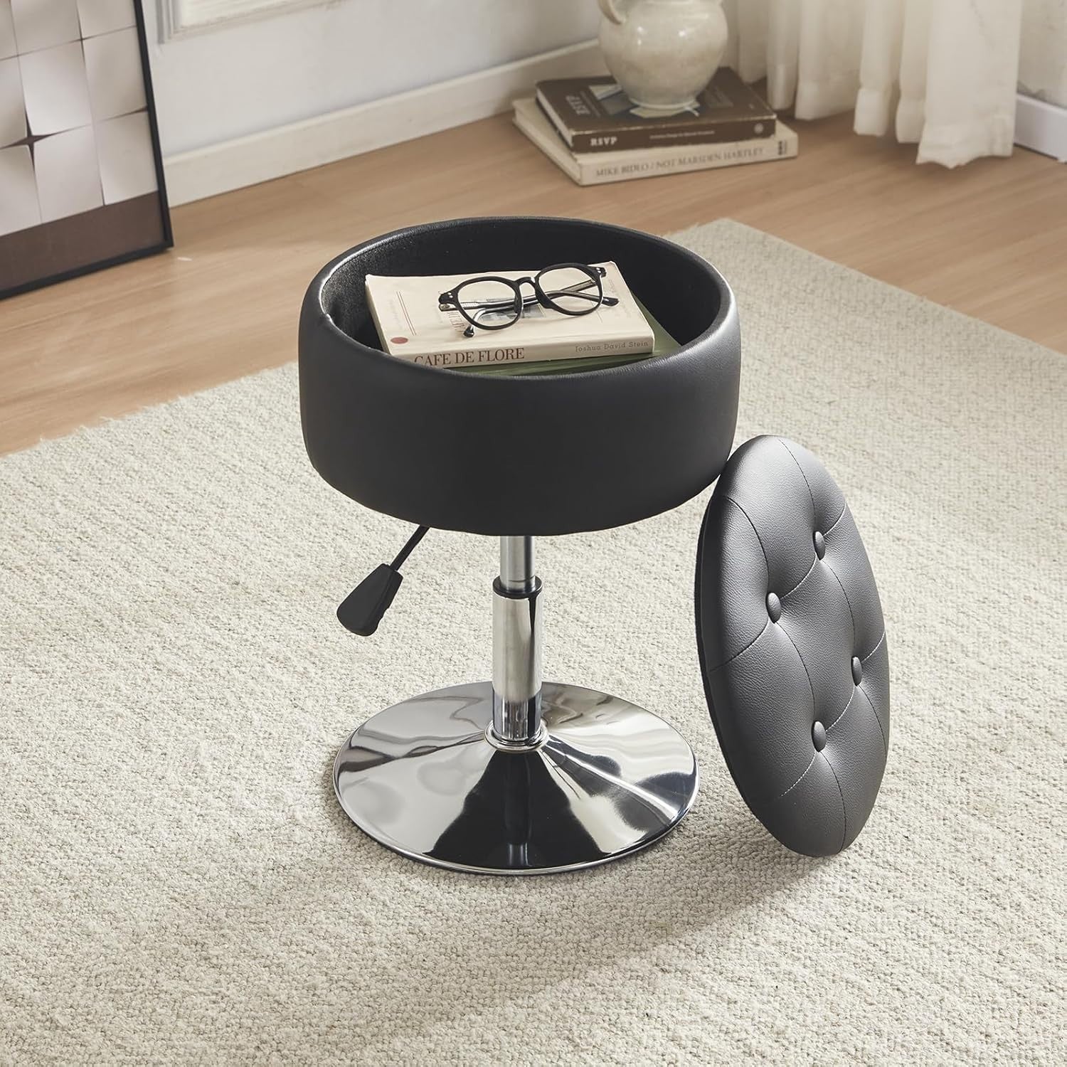 Black PU Leather Adjustable Vanity Chair – Round Swivel Makeup Stool w/ Storage