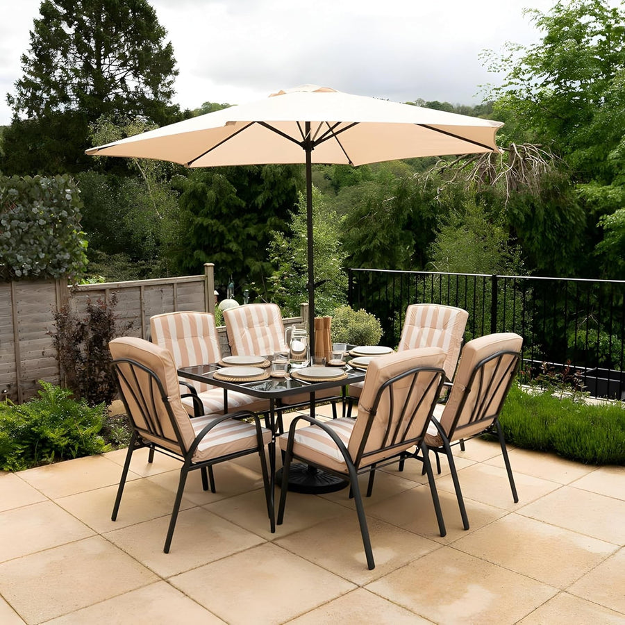 6 Seater Garden Table Set w/ Parasol Outdoor Patio Dining Furniture Beige