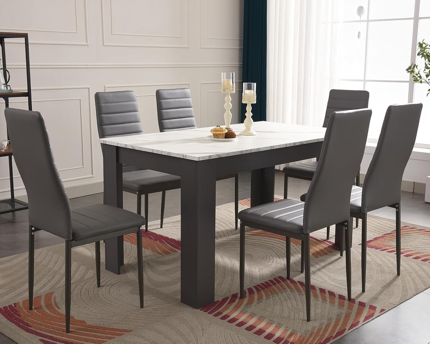 Modern White Marble Dining Table Set with 6 Grey PU Leather Chairs 140cm