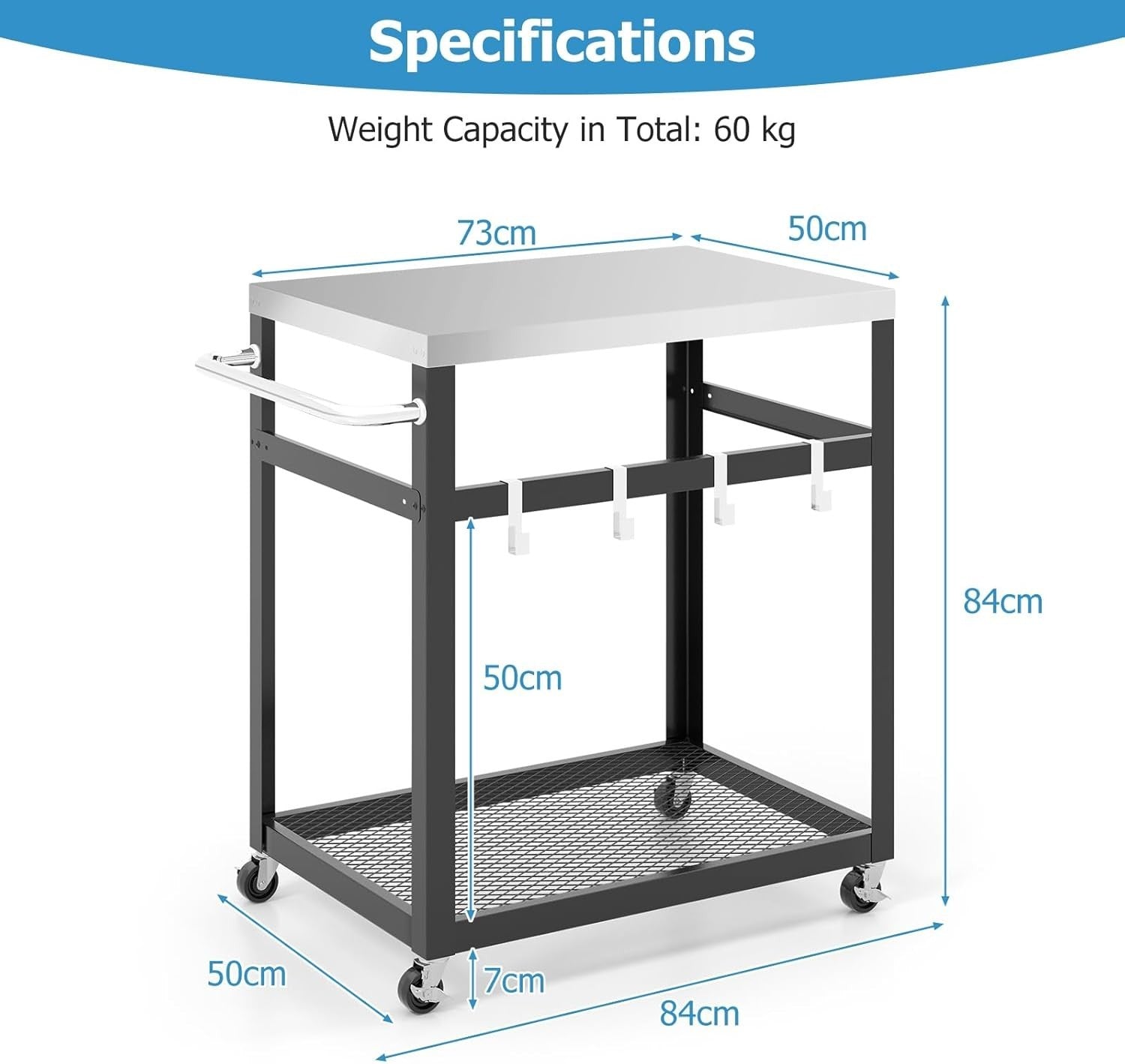 Outdoor BBQ Grill Cart Pizza Oven Stand 2-Tier Stainless Steel Top Trolley 84x50