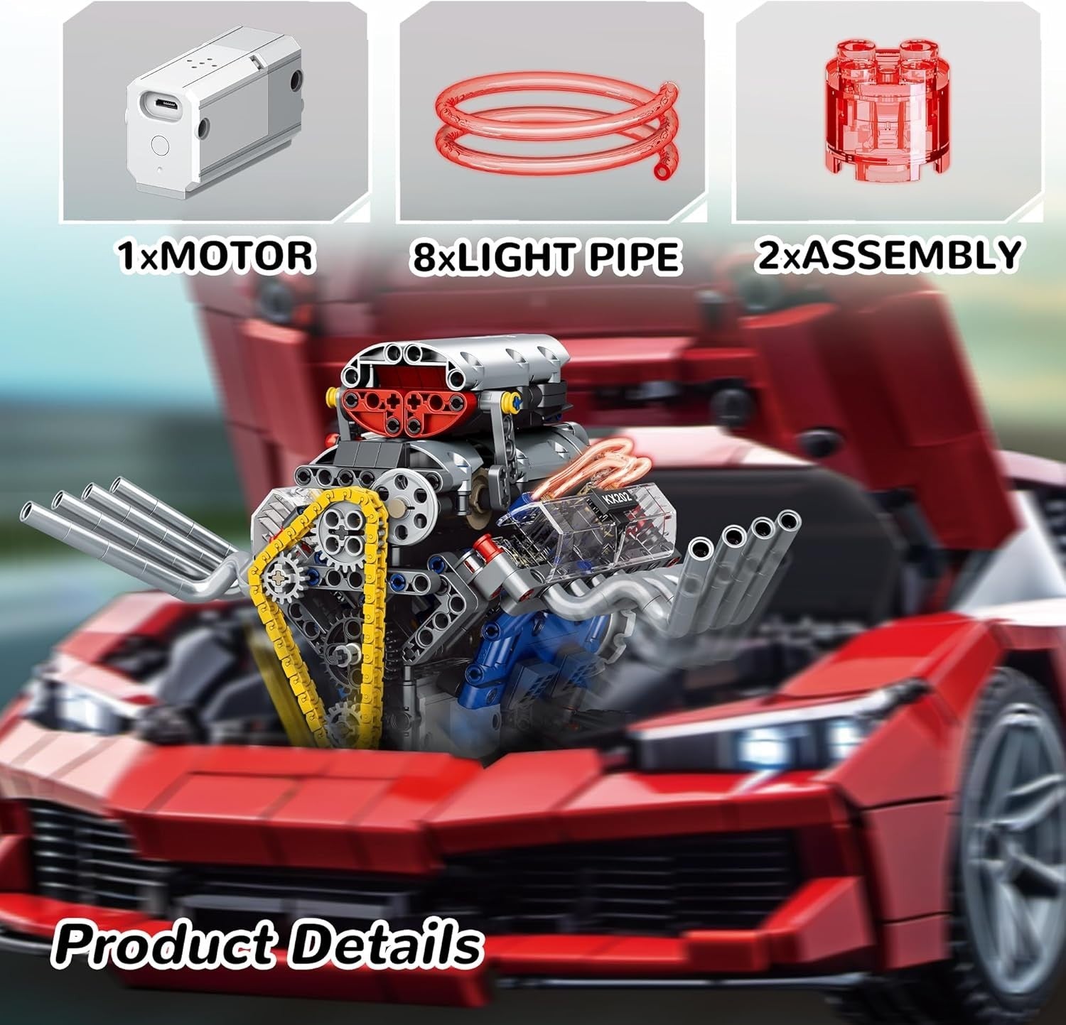 V8 Engine Model Kit 665Pcs Motorised Build Set w/ Lights & App Control