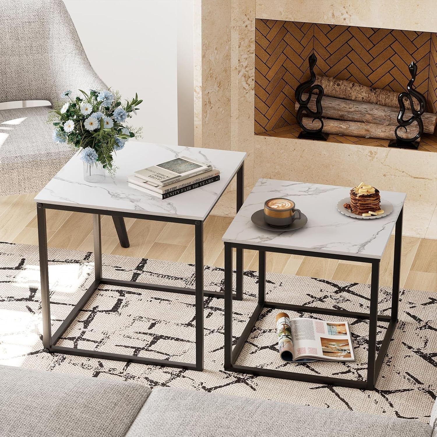 Black Nesting Coffee Table Set Modern Square Side End Tables Metal Frame