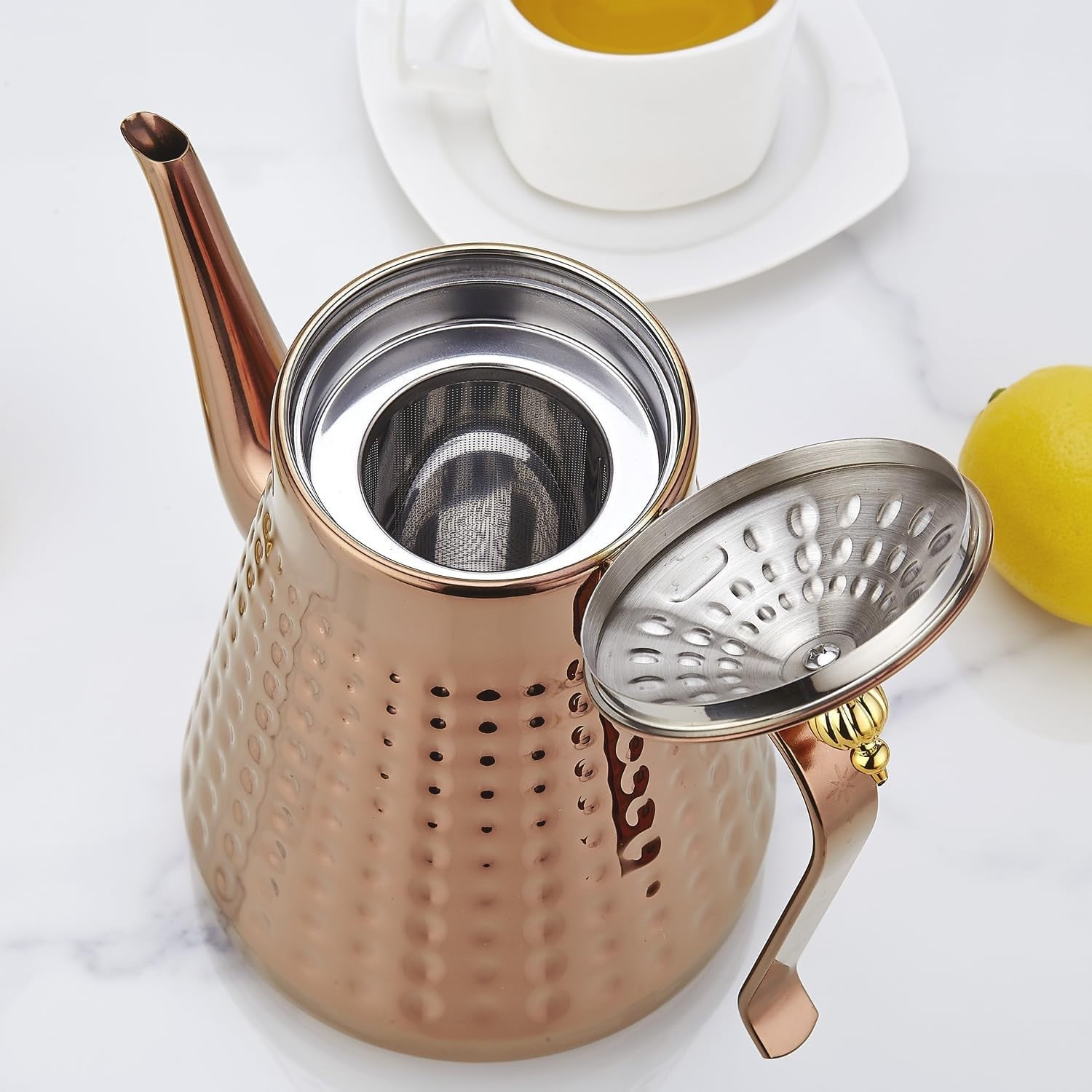 Copper Stainless Steel Teapot 60oz 1.8L w/ Infuser Hammered Finish