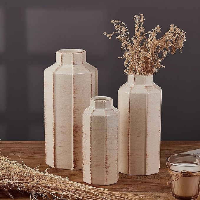 Ceramic Vase Set of 3 Rustic Farmhouse Ice Crack Glaze Table Shelf Decor