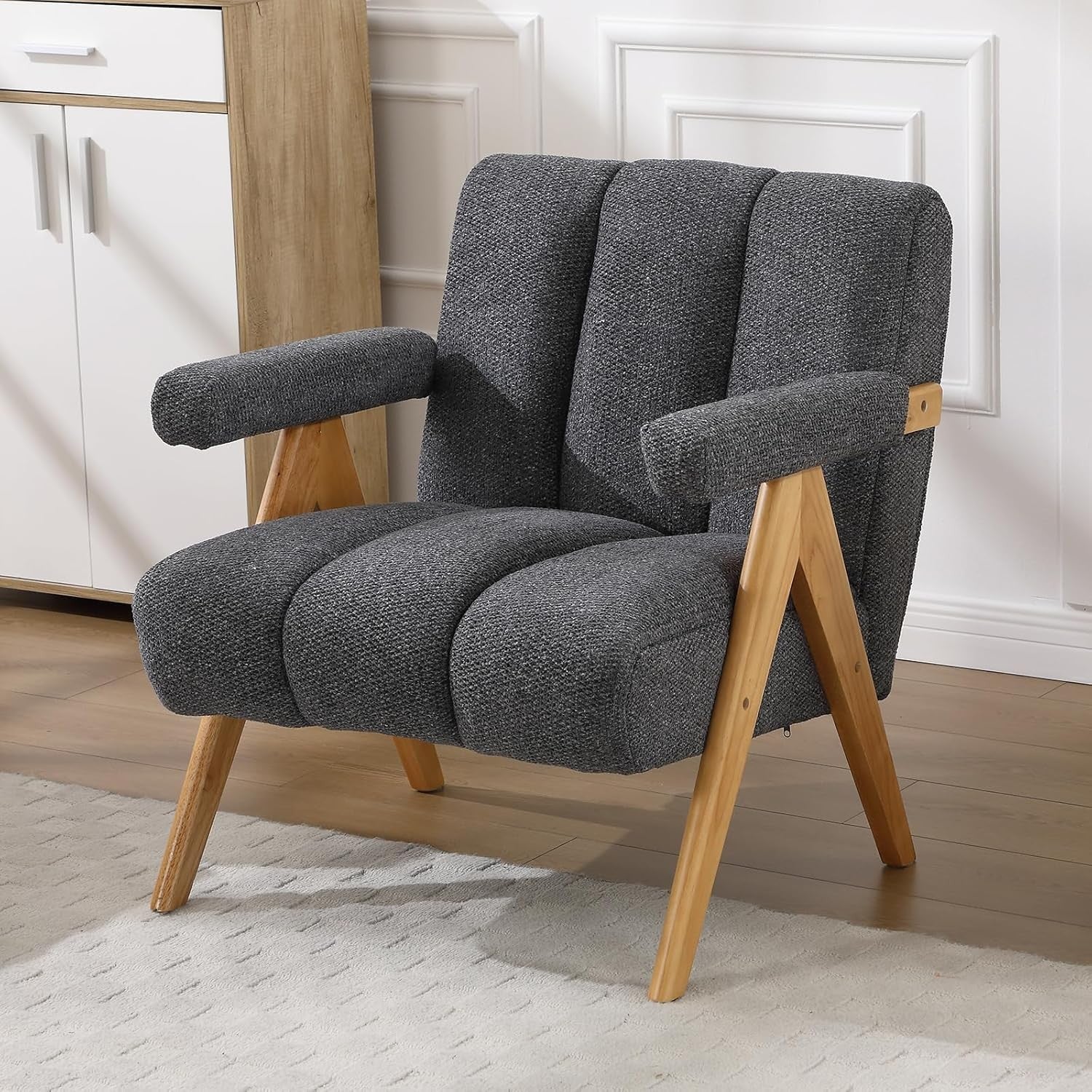Grey Chenille Accent Armchair Lounge Chair Solid Wood Legs