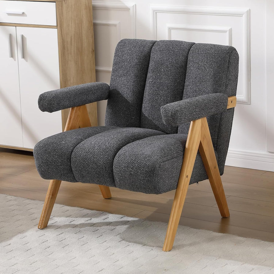 Grey Chenille Accent Armchair Lounge Chair Solid Wood Legs