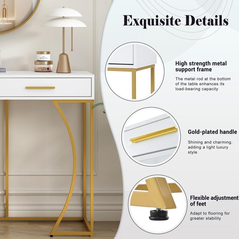 Modern White & Gold Console Table with 2 Drawers – 110cm MDF Metal Frame