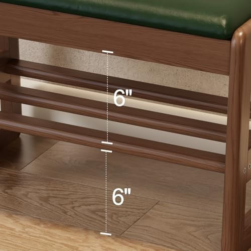 Small Flip-Top Shoe Bench with Green Cushion | 2-Tier Walnut Shoe Rack Entryway
