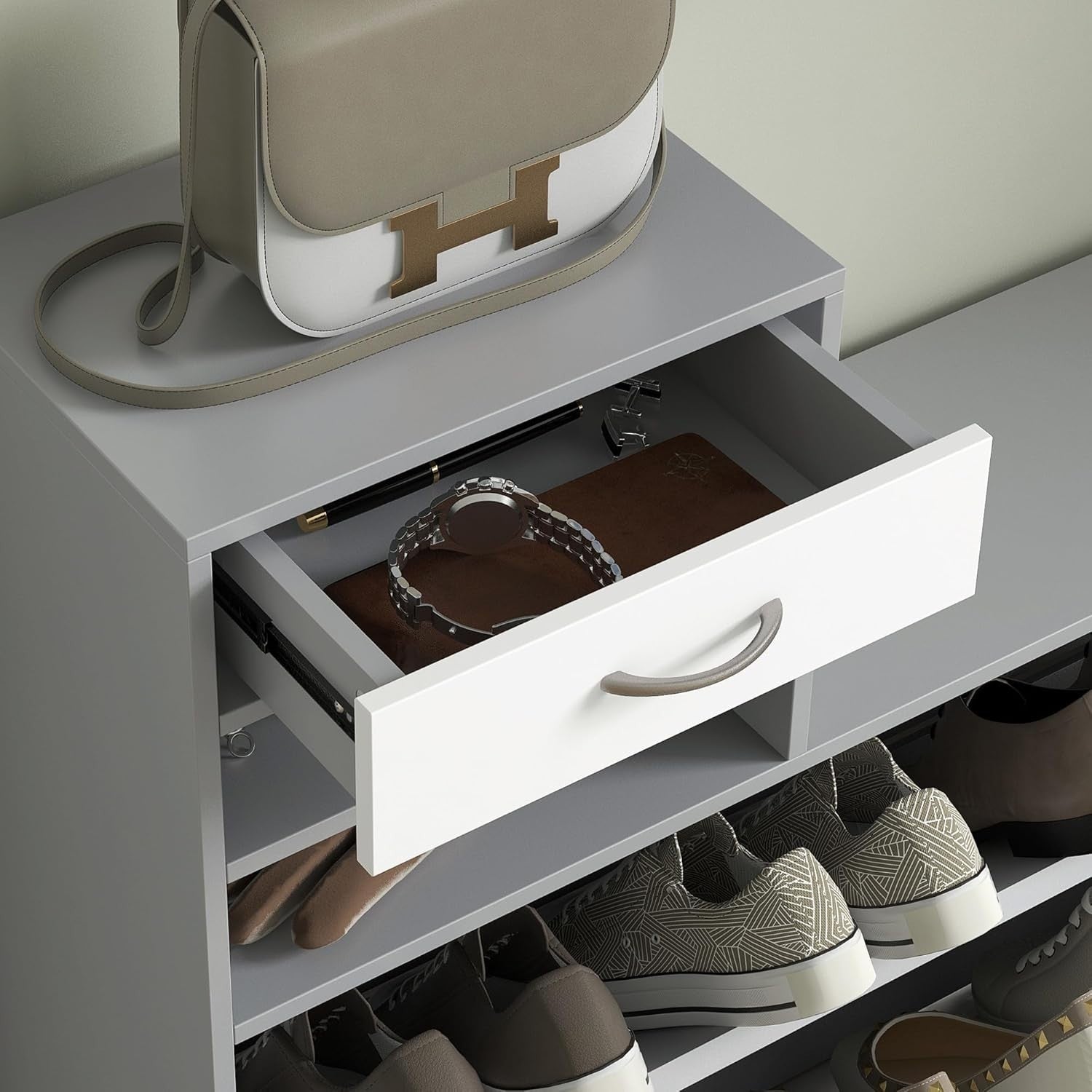 Dark Grey Hallway Furniture Set with Shoe Cabinet, Mirror & 6 Coat Hooks