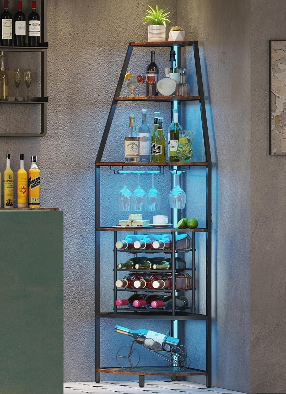 6-Tier Corner Wine Rack with LED Lighting | Bottle & Glass Storage Home Bar