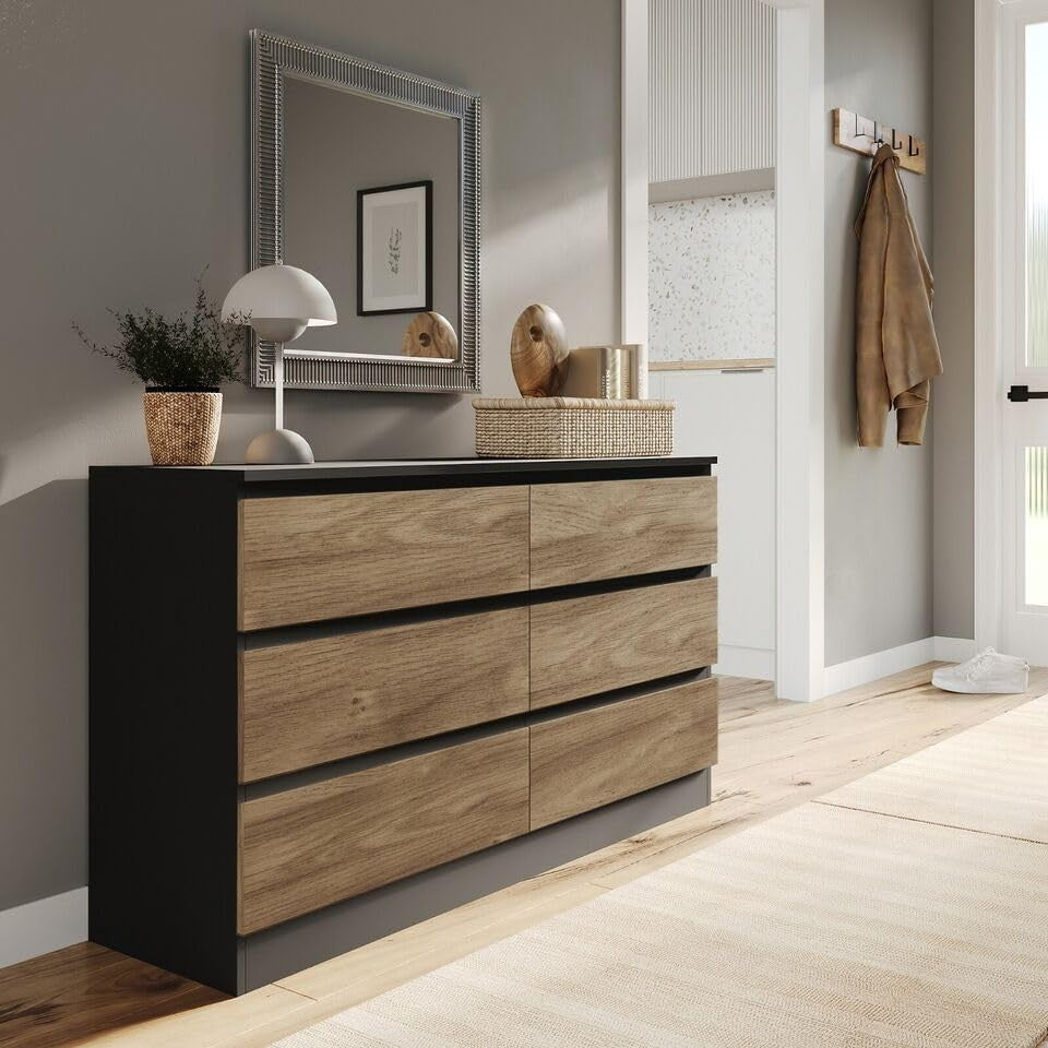 Modern 6 Drawer Chest Black Oak Bedroom Storage Cabinet Wood Unit