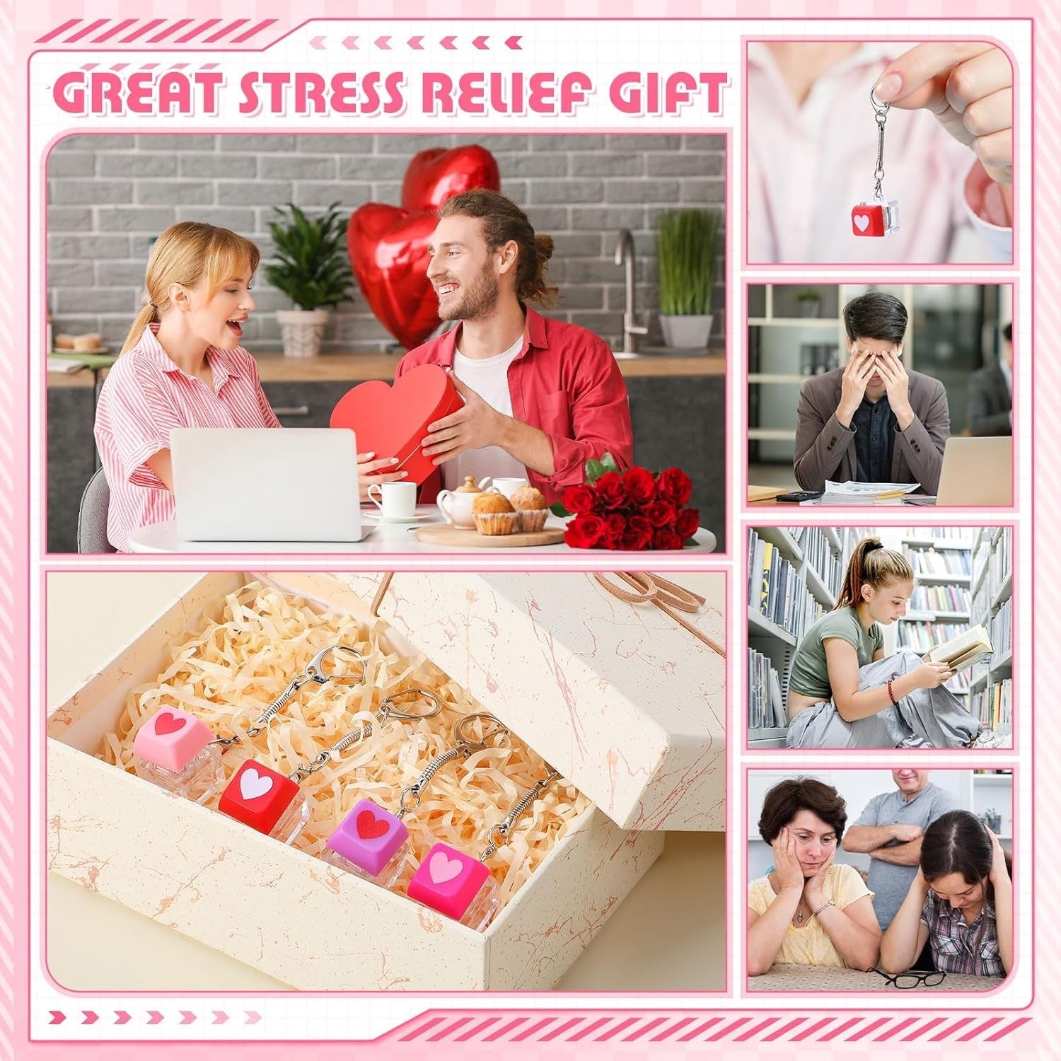 24pcs Heart Keyboard Clicker Fidget Keychain Stress Relief Valentine Gift