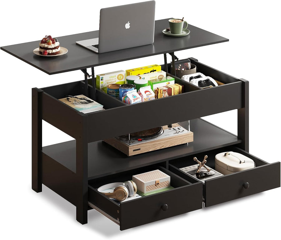 Lift Top Coffee Table with Storage Drawers & Hidden Compartment 100x50cm Black