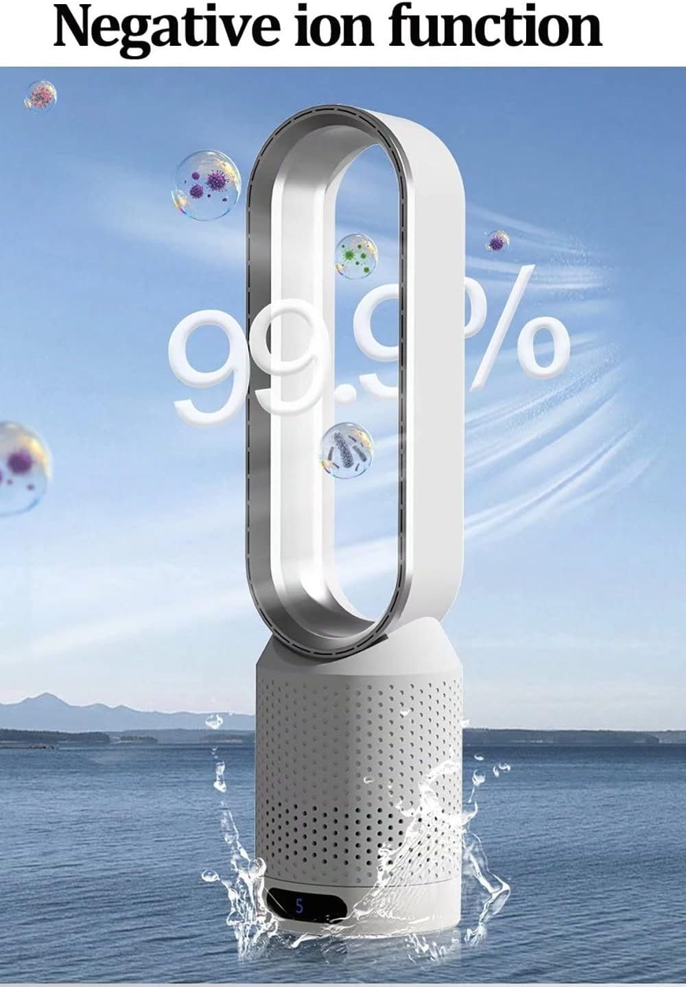 Bladeless Tower Fan 2-in-1 Air Purifier 8-Speed LED Touch Remote Control Silver