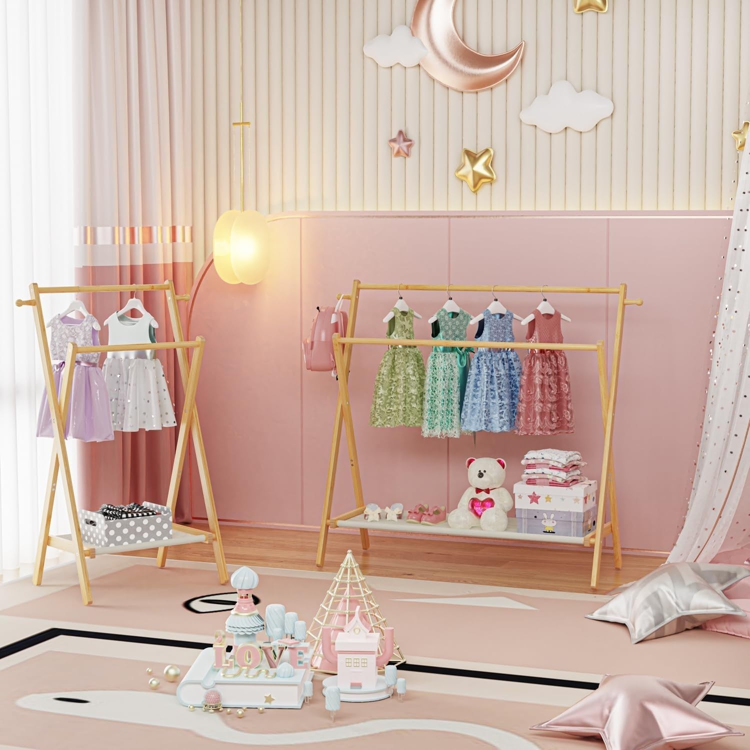 Large Bamboo Kids Clothing Rack Foldable Dress Up Rail with Shelf