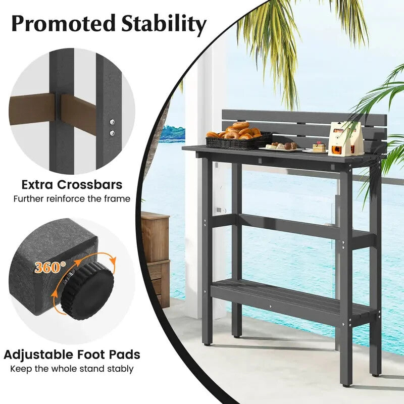 Outdoor Bar-Height Patio Counter Table 122 cm | Double-Shelf HDPE Pub Bench