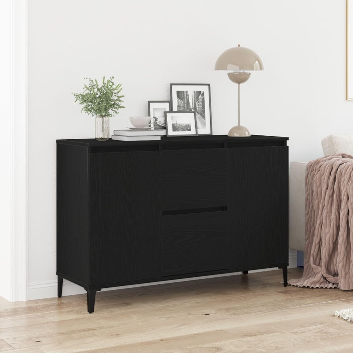 Black Oak Sideboard Cabinet Matte Finish Storage Unit Dining Living Room